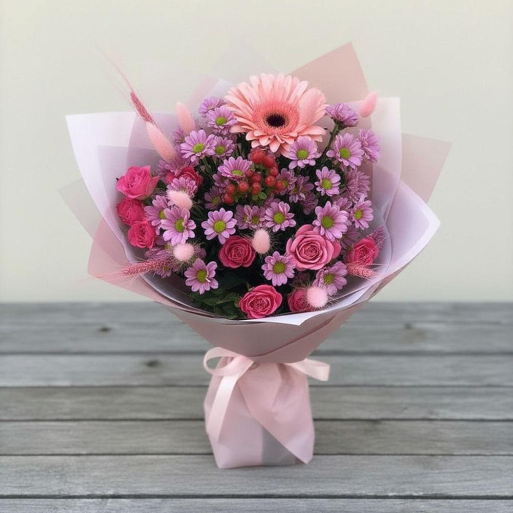 Букет цветов из: Розы, Герберы и Хризантемы в Сухом-логе Свердловская область