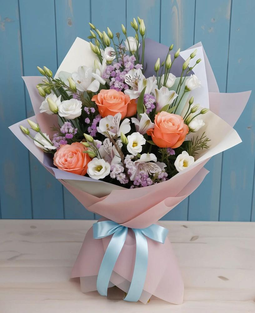 Букет цветов из: Лизиантусы, Розы, Альстромерии и Гипсофила в Сухом-логе Свердловская область