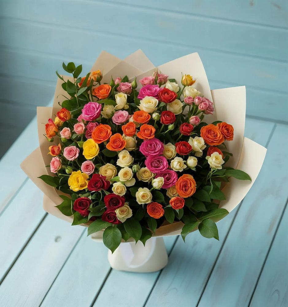 Букет Микс из разноцветных кустовых роз в Сухом-логе Свердловская область