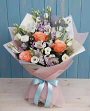 Букет цветов из:  Лизиантусы, Розы, Альстромерии и Гипсофила в Сухом-логе Свердловская область